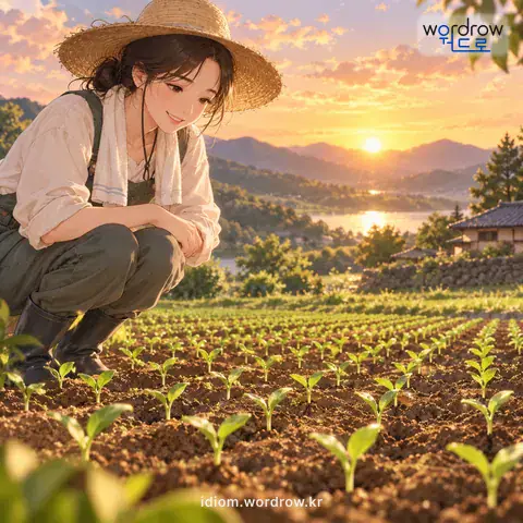 ‘입종 서다’의 첫 번째 뜻을 표현한 그림: 밭에 뿌린 씨가 고르게 싹이 서다.