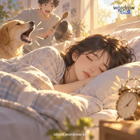 ‘잠귀가 질기다’의 첫 번째 뜻을 표현한 그림: 잠귀가 매우 어두워서 웬만해서는 잠을 깨지 아니하다.