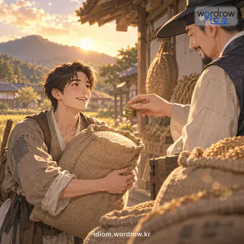 ‘장리를 먹다’의 첫 번째 뜻을 표현한 그림: 돈이나 곡식을 장리로 꾸어다가 쓰다.