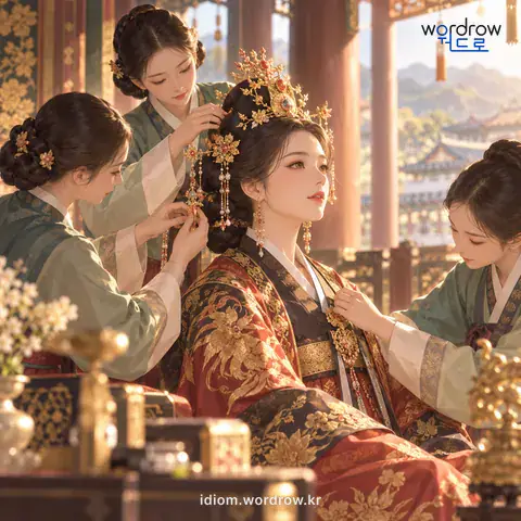Illustration of the first meaning of “장엄을 꾸미다”: An expression used at court for arranging and decorating something beautifully.