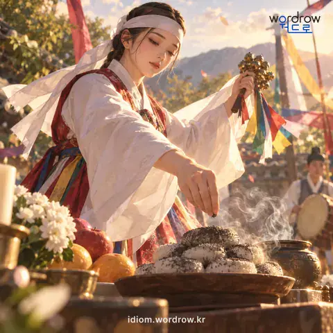 ‘재 묻은 떡’의 첫 번째 뜻을 표현한 그림: 예전에, 무당이 굿을 할 때에 쓰던 떡.