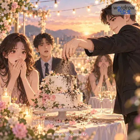 ‘재를 뿌리다’의 첫 번째 뜻을 표현한 그림: 일, 분위기 따위를 망치거나 훼방을 놓다.