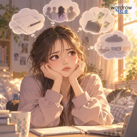 ‘제 속을 제가 끓이다’의 첫 번째 뜻을 표현한 그림: 스스로 쓸데없이 걱정하다.