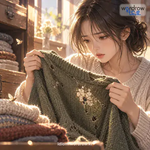 ‘좀이 들다’의 첫 번째 뜻을 표현한 그림: 좀이 물건을 쏠다.