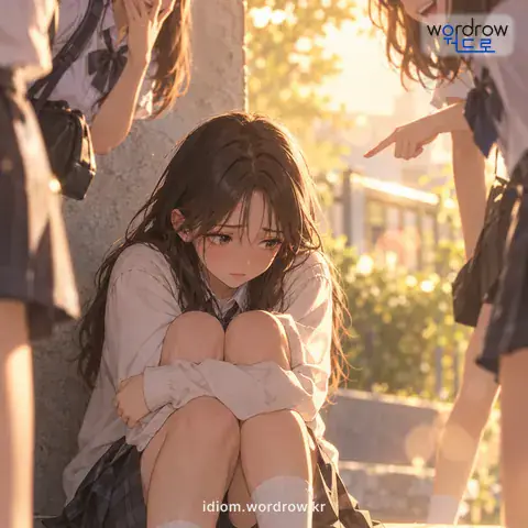 ‘주눅이 잡히다’의 첫 번째 뜻을 표현한 그림: 부끄럽거나 무섭거나 하여 기를 펴지 못하고 움츠러들다.