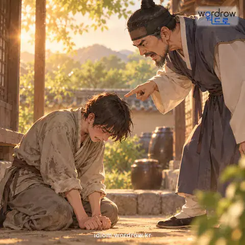 ‘주릿대를 안다’의 첫 번째 뜻을 표현한 그림: 모진 매를 맞거나 호된 꾸지람을 듣거나 악형을 받거나 하다.