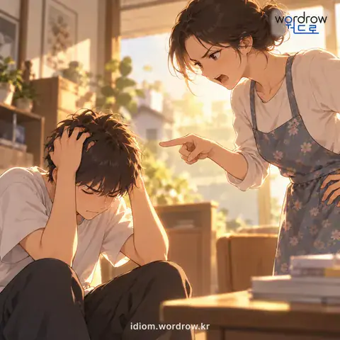 ‘주릿방망이 맛을 보다’의 첫 번째 뜻을 표현한 그림: 몹시 혼이 나다.