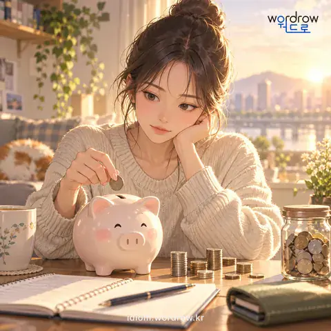 ‘주머니 끈을 조르다’의 첫 번째 뜻을 표현한 그림: 돈을 몹시 절약하다.