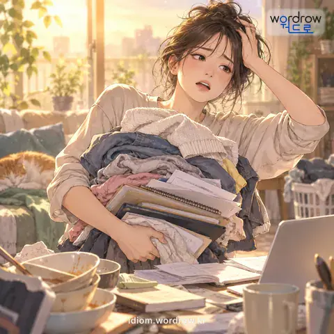 ‘주체를 못 하다’의 첫 번째 뜻을 표현한 그림: 짐스럽고 귀찮아 감당을 못 하다.
