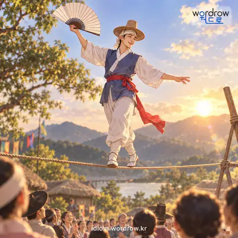 ‘줄 걷다’의 첫 번째 뜻을 표현한 그림: 줄타기에서 광대가 줄 위를 걸어가다.