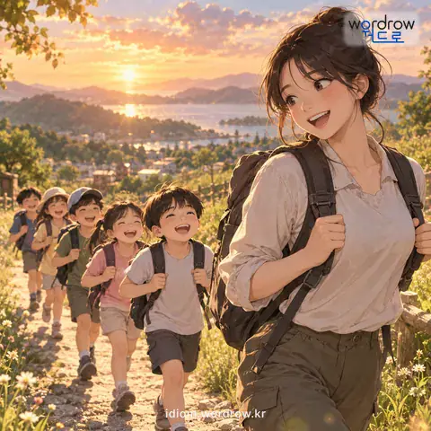 ‘줄남생이 따르듯’의 첫 번째 뜻을 표현한 그림: 여럿이 줄지어 뒤따르는 모양을 비유적으로 이르는 말.