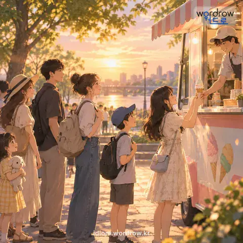 ‘줄을 서다’의 첫 번째 뜻을 표현한 그림: 차례, 기회 따위를 기다리다.