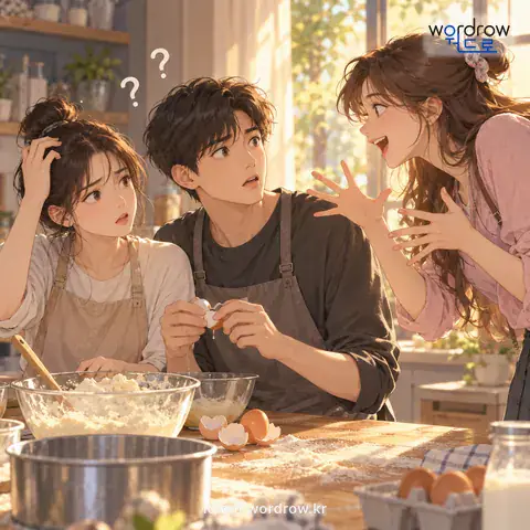 ‘지레 꿰지다’의 첫 번째 뜻을 표현한 그림: 일의 앞뒤 맥락은 전혀 모르면서 무조건 참견하기를 좋아하다.