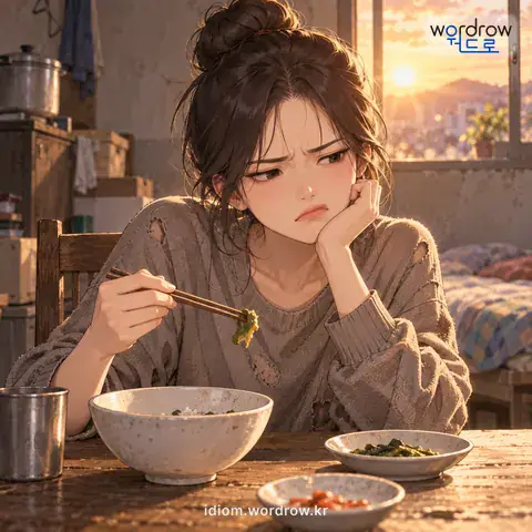 ‘찬밥 더운밥 가리다’의 첫 번째 뜻을 표현한 그림: 어려운 형편에 있으면서 배부른 행동을 하다.