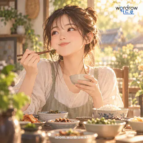 ‘참새 물 먹듯’의 첫 번째 뜻을 표현한 그림: 음식을 조금씩 여러 번 먹는 모양을 비유적으로 이르는 말.