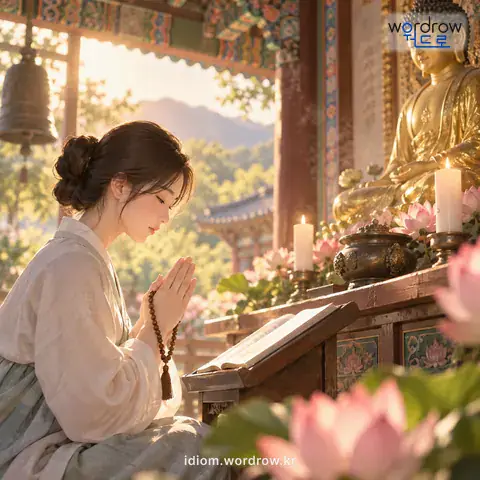 ‘천수를 치다’의 첫 번째 뜻을 표현한 그림: 병 없이 오래 살 것을 빌기 위하여 천수경을 읽다.