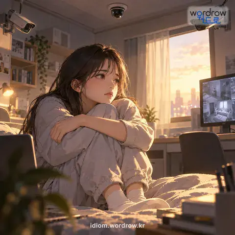 ‘철창 없는 감옥’의 첫 번째 뜻을 표현한 그림: 감옥이나 다름없이 꼼짝할 수 없게 통제와 감시를 받는 곳을 비유적으로 이르는 말.