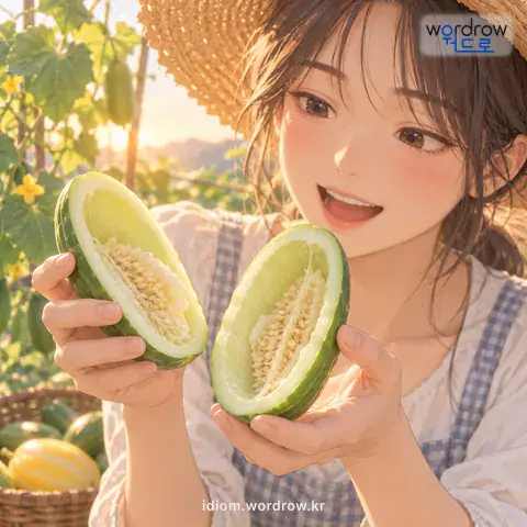 ‘청이 떨어지다’의 첫 번째 뜻을 표현한 그림: 참외, 오이 따위가 익어서 속이 그 살의 안쪽 벽에서 떨어지다.