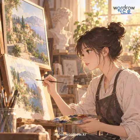 ‘체를 받다’의 첫 번째 뜻을 표현한 그림: 문장, 그림, 글씨 따위의 체를 본받다.
