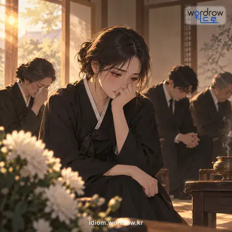 ‘초상난 집 같다’의 첫 번째 뜻을 표현한 그림: 걱정과 비애 속에 잠겨 아주 스산하고 서글픈 분위기이다.