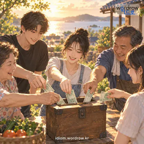 ‘추렴을 들다’의 첫 번째 뜻을 표현한 그림: 추렴하는 데에 끼다.