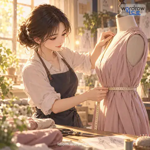 ‘치수를 대다’의 첫 번째 뜻을 표현한 그림: 치수를 재어 정하다.