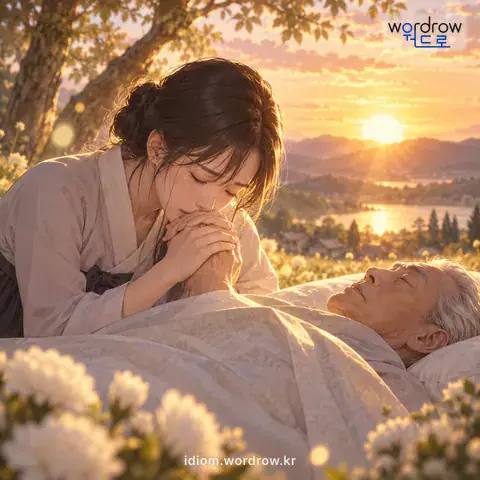 ‘칠성판을 지다’의 첫 번째 뜻을 표현한 그림: 사람이 죽거나 죽게 되다.