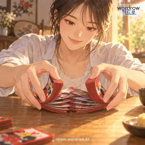 ‘칼을 먹이다’의 첫 번째 뜻을 표현한 그림: 화투짝을 절반쯤 나누어서 양쪽의 짝이 서로 사이사이에 끼이도록 고루 섞다.