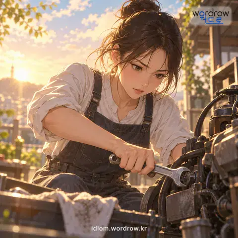 ‘칼을 빼 들다’의 첫 번째 뜻을 표현한 그림: 결함, 문제 따위를 해결하려고 하다.
