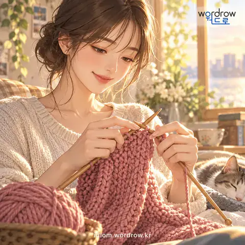 ‘코를 내다’의 첫 번째 뜻을 표현한 그림: 뜨개질에서, 그물이나 뜨개질실로 코를 만들다.