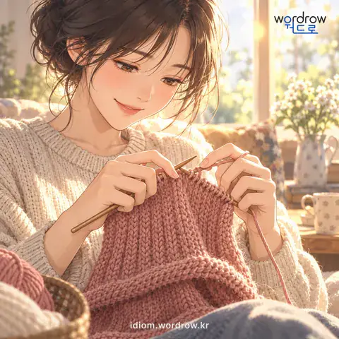 ‘코를 줍다’의 첫 번째 뜻을 표현한 그림: 뜨개질에서, 소맷부리나 단 따위의 가장자리 코를 바늘로 걸어 내다.