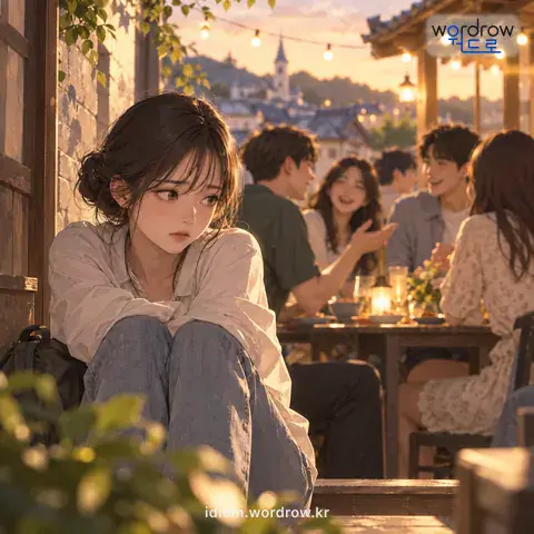 ‘타관을 타다’의 첫 번째 뜻을 표현한 그림: 타향에서 어울리지 못하여 기를 펴지 못하다.