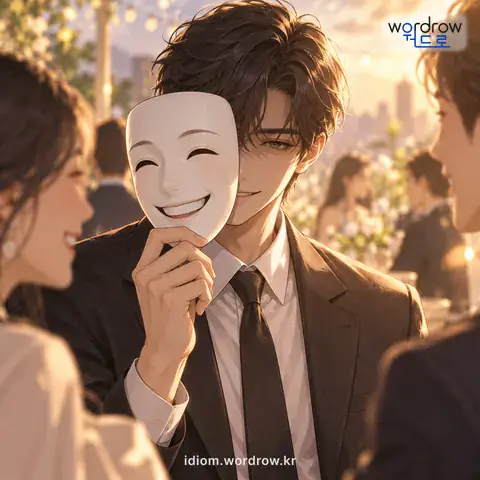 ‘탈을 쓰다’의 첫 번째 뜻을 표현한 그림: 본색이 드러나지 않게 가장하다.