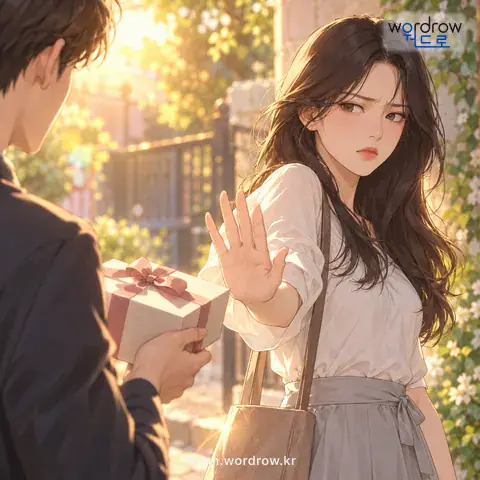 ‘퇴짜를 놓다’의 첫 번째 뜻을 표현한 그림: 물건이나 의견 따위를 받아들이지 아니하고 물리치다.