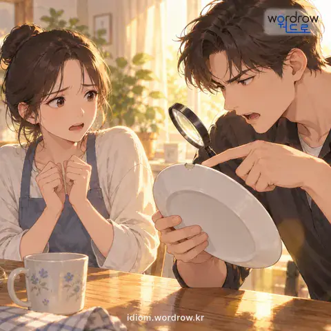 ‘트집을 걸다’의 첫 번째 뜻을 표현한 그림: 공연히 조그만 흠집을 들추어내거나 없는 흠집을 만들어서 말을 하거나 문제를 일으키다.