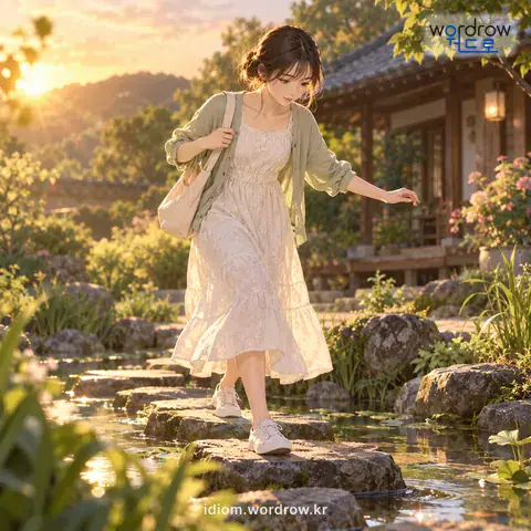 ‘파밭 밟듯’의 첫 번째 뜻을 표현한 그림: 조심스럽게 발을 옮김을 비유적으로 이르는 말.
