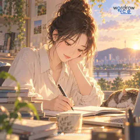 ‘펜대를 놀리다’의 첫 번째 뜻을 표현한 그림: 글을 작성하는 일에 종사하다.