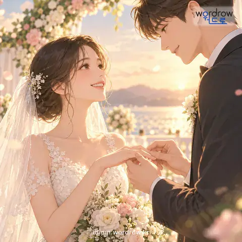 ‘평생을 맡기다’의 첫 번째 뜻을 표현한 그림: 여자가 결혼을 하다.
