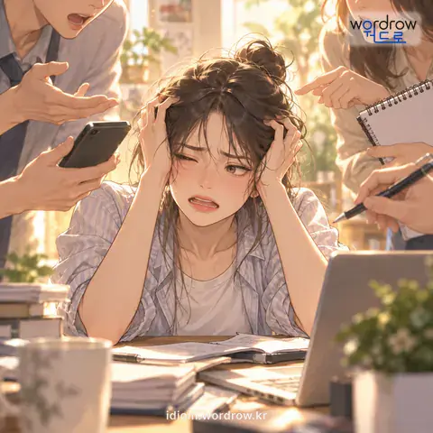 ‘학을 떼다’의 첫 번째 뜻을 표현한 그림: 괴롭거나 어려운 상황을 벗어나느라고 진땀을 빼거나, 그것에 거의 질려 버리다.
