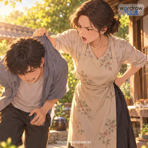 ‘학춤을 추이다’의 첫 번째 뜻을 표현한 그림: 남의 팔이나 덜미를 치들고 혼을 내다.