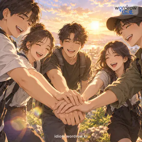 ‘한마음 한뜻’의 첫 번째 뜻을 표현한 그림: 여러 사람의 마음과 뜻이 하나와 같음.