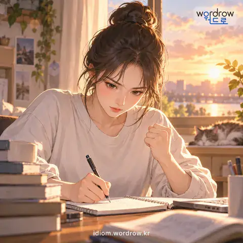 ‘허리띠를 조르다’의 첫 번째 뜻을 표현한 그림: 마음먹은 일을 이루려고 새로운 결의와 단단한 각오로 일에 임하다.