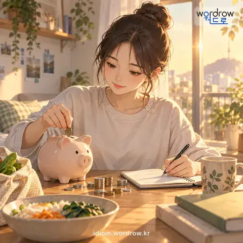 ‘허리띠를 졸라매다’의 첫 번째 뜻을 표현한 그림: 검소한 생활을 하다.
