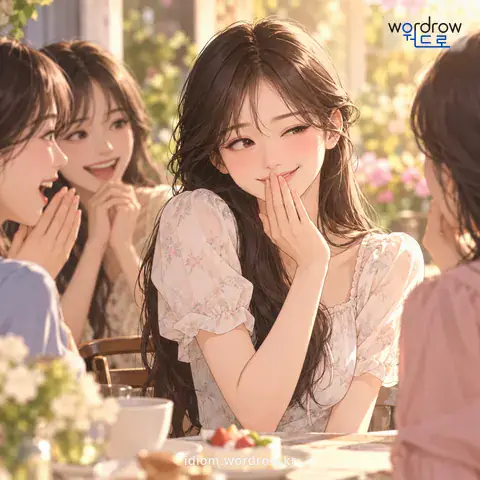 ‘호박씨를 까다’의 첫 번째 뜻을 표현한 그림: 안 그런 척 내숭을 떨다.
