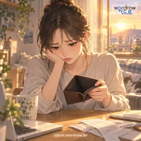 ‘호주머니 사정이 나쁘다’의 첫 번째 뜻을 표현한 그림: 쓸 자금이나 돈의 형편이 좋지 않다.