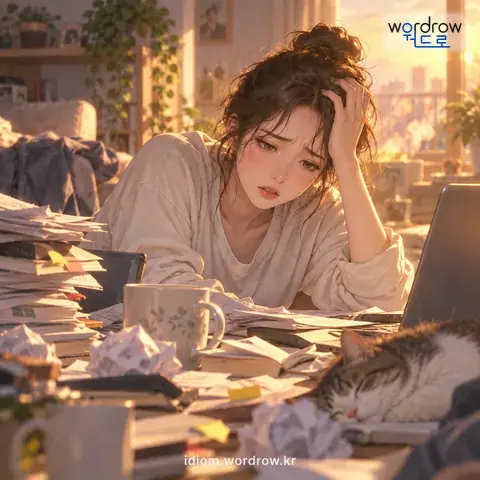 ‘홍역을 치르다’의 첫 번째 뜻을 표현한 그림: 몹시 애를 먹거나 어려움을 겪다.