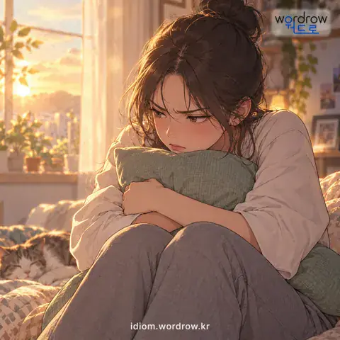 ‘화를 끓이다’의 첫 번째 뜻을 표현한 그림: 화를 시원하게 풀지 못하고 혼자 끙끙거리다.