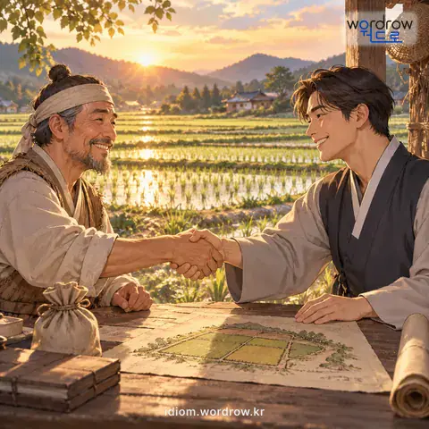 ‘화리를 끼다’의 첫 번째 뜻을 표현한 그림: 논을 매매하는 데 화리를 그 매매 조건에 포함하다.