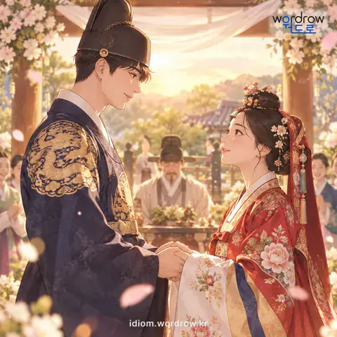 ‘화촉을 밝히다’의 첫 번째 뜻을 표현한 그림: 혼례식을 올리다.