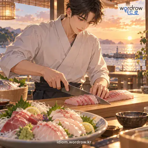 ‘회를 치다’의 첫 번째 뜻을 표현한 그림: 생선이나 고기 따위로 회를 만들다.